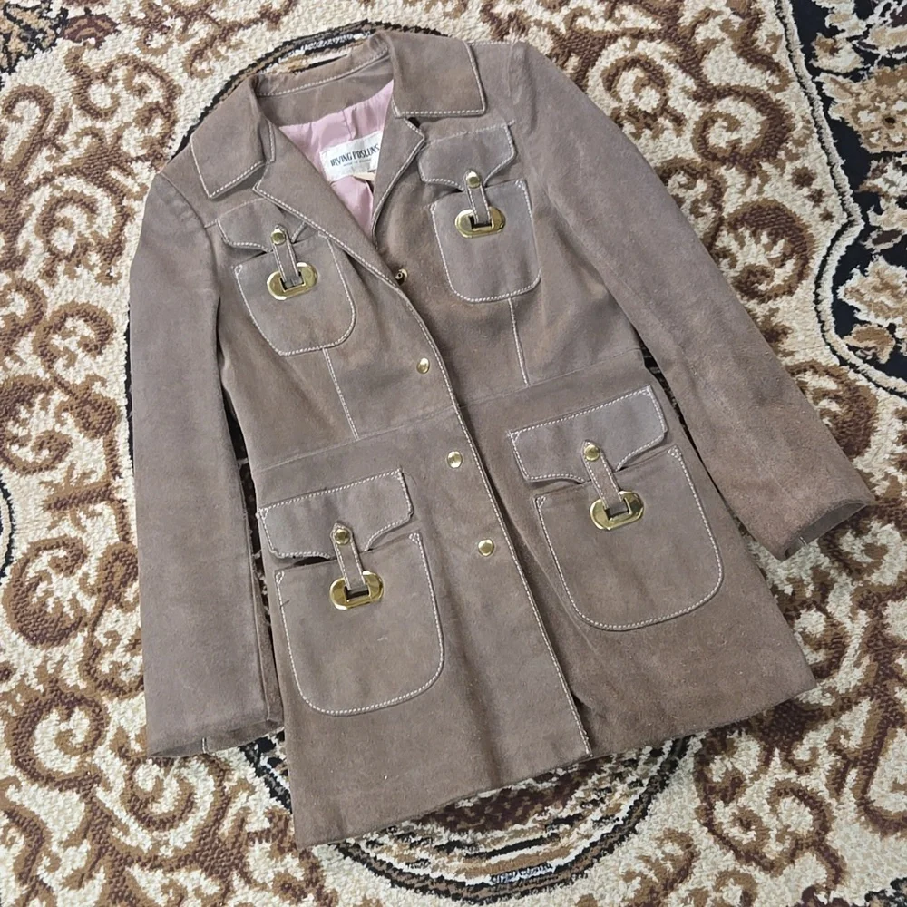 Irving Posluns 1970s Suede Coat Leather Jacket with Gold Hardware 70s Retro Fall - Picture 7 of 16